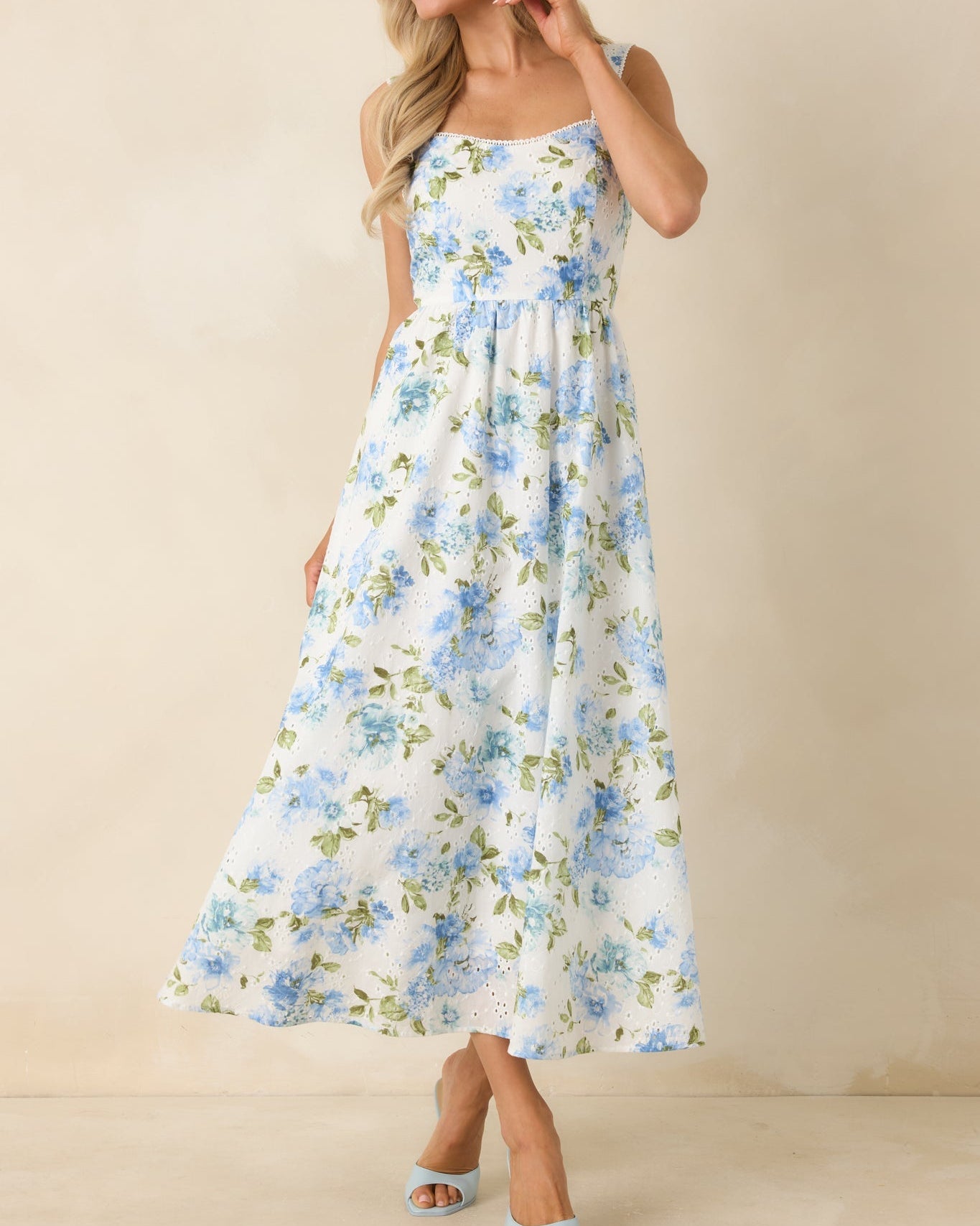 Blue & White Floral Eyelet Cotton Midi Dress with Picot Trim – Musette