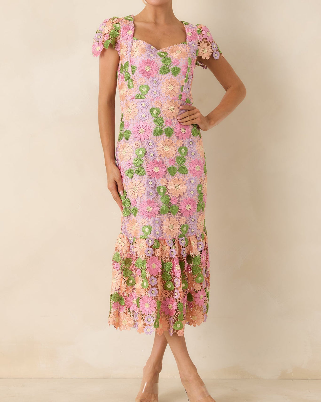 Lavender Floral Embroidered Midi Dress with Cap Sleeves - Size M