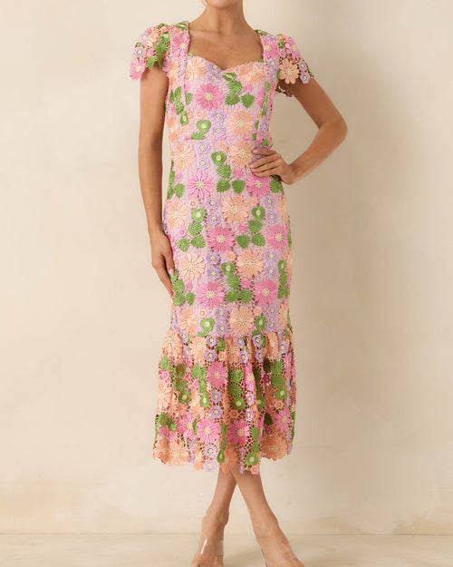 Lavender Floral Embroidered Midi Dress with Cap Sleeves - Size M