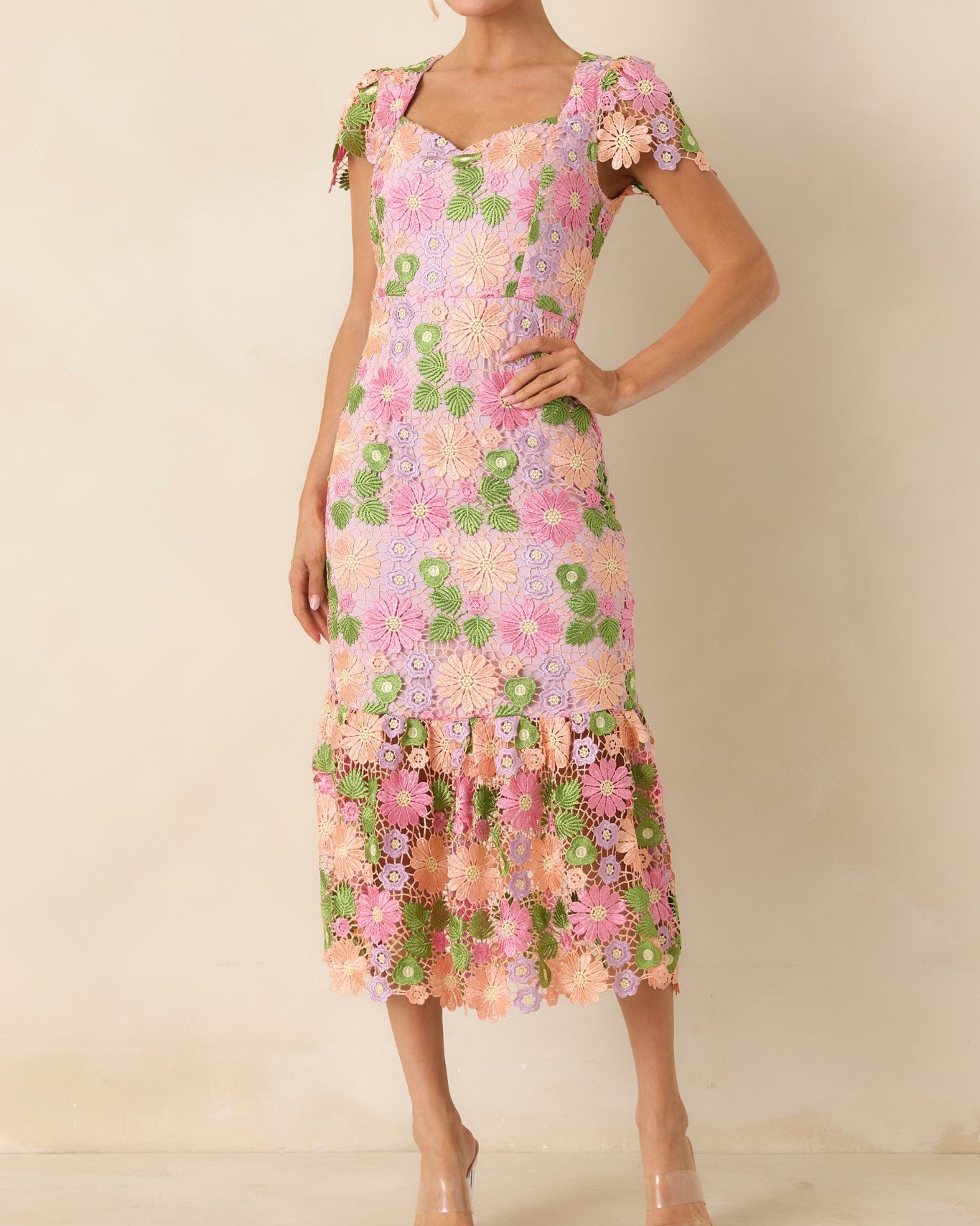 Lavender Floral Embroidered Midi Dress with Cap Sleeves - View 3