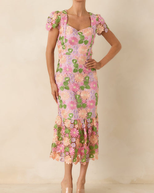 Lavender Floral Embroidered Midi Dress with Cap Sleeves