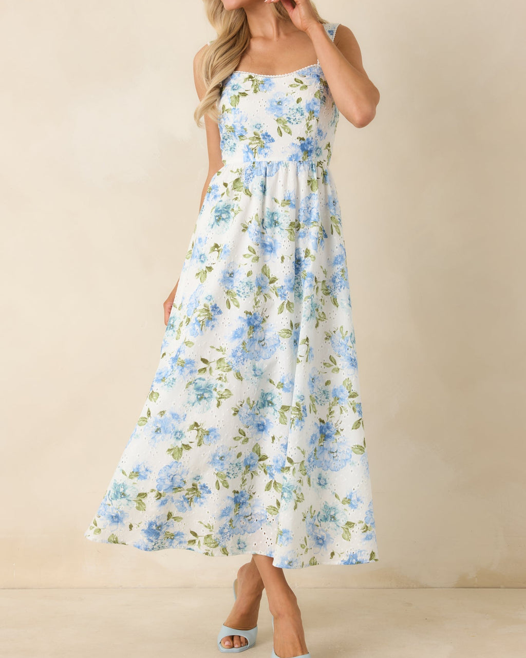 Blue & White Floral Eyelet Cotton Midi Dress with Picot Trim