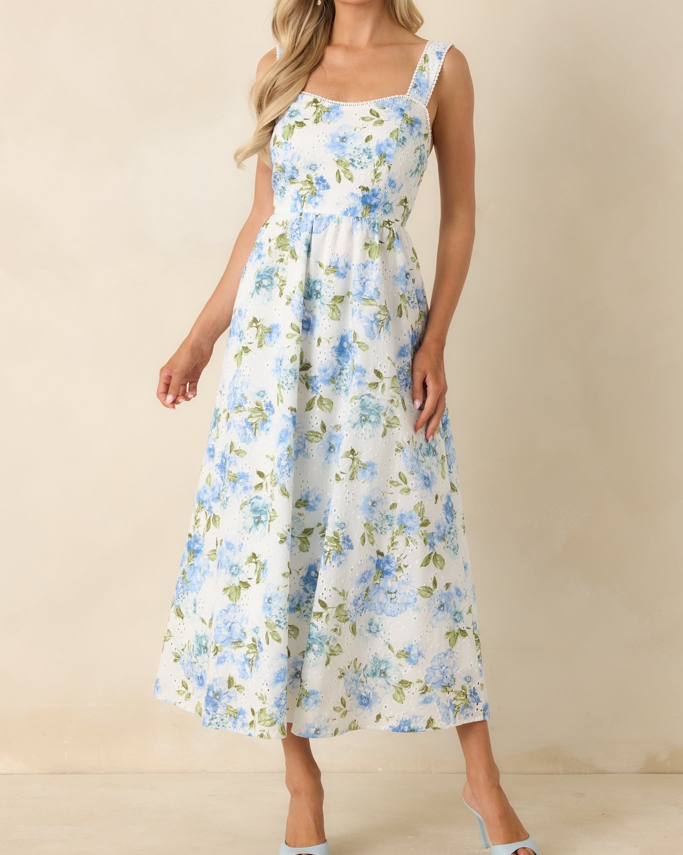 Blue & White Floral Eyelet Cotton Midi Dress with Picot Trim - Size M