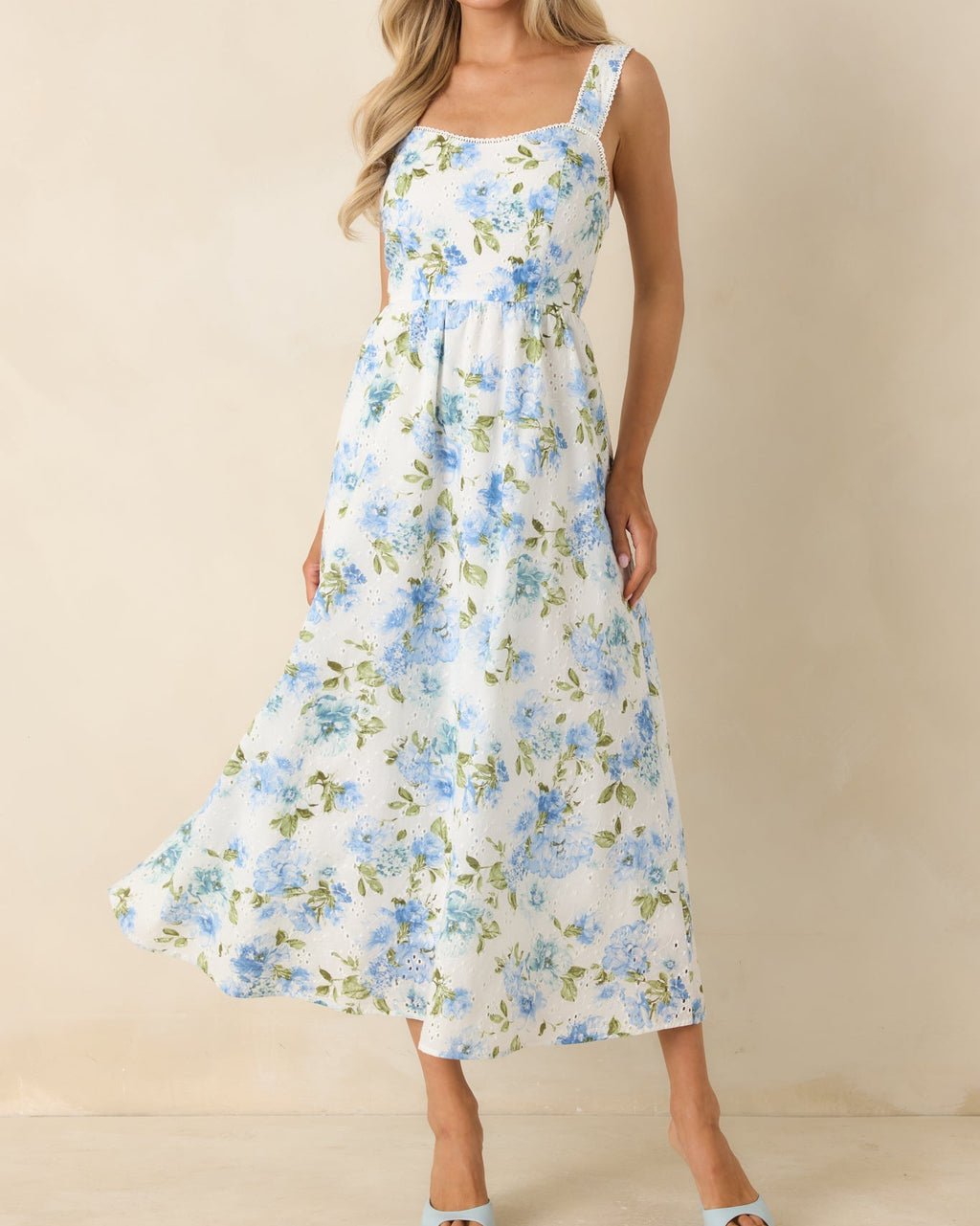 Blue & White Floral Eyelet Cotton Midi Dress with Picot Trim - View 3