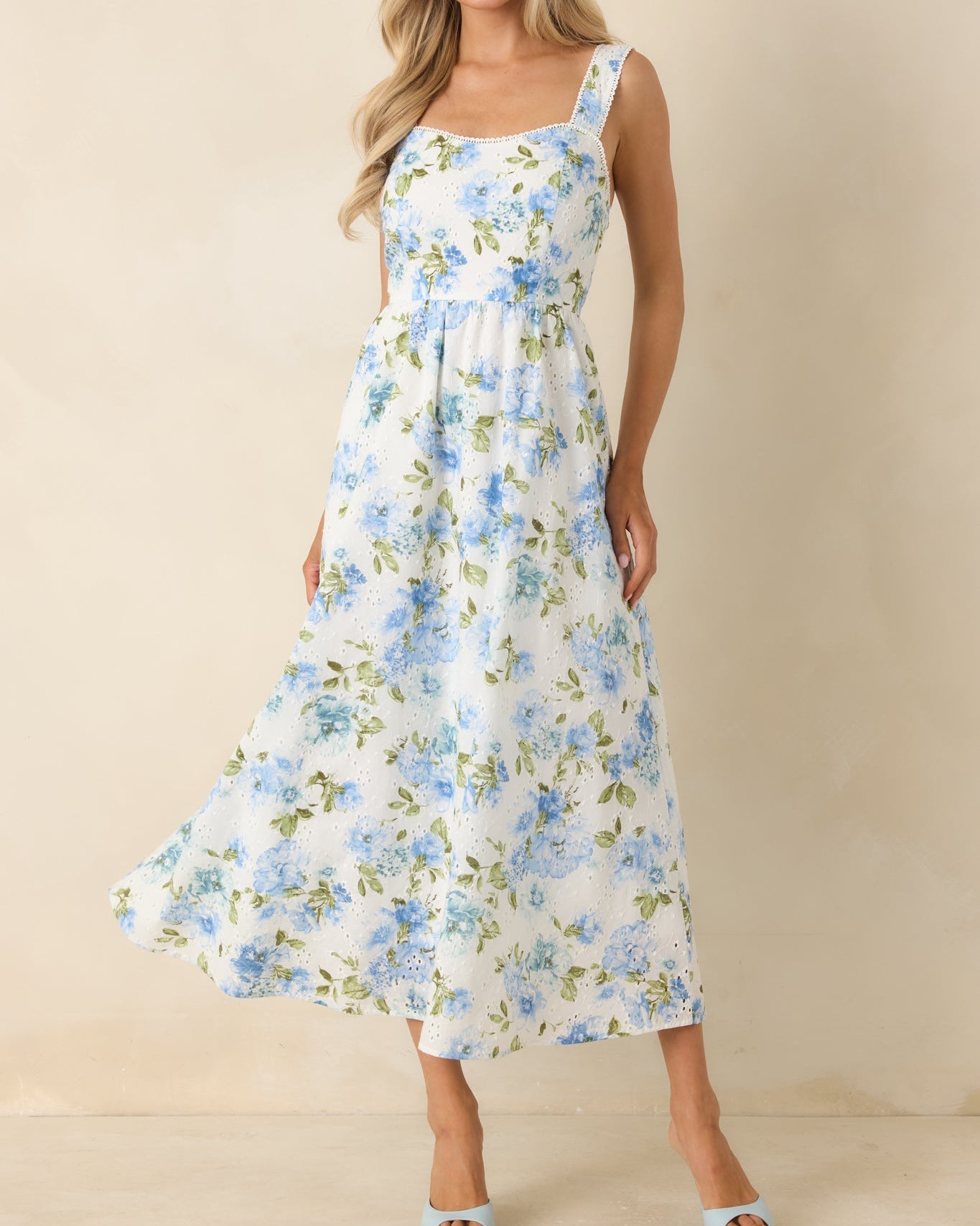 Blue & White Floral Eyelet Cotton Midi Dress with Picot Trim - View 3