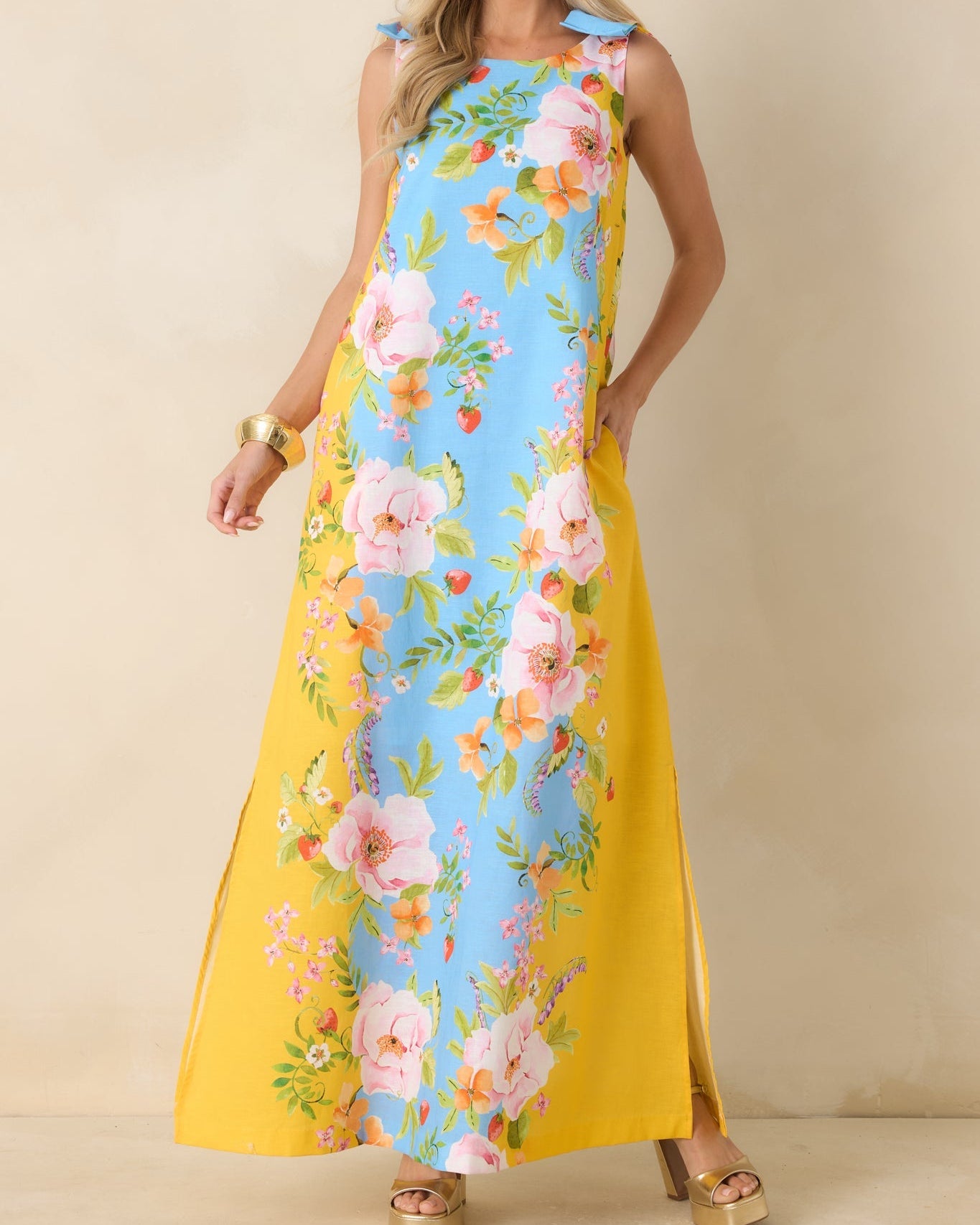 Blue & Yellow Floral Linen Blend Maxi Dress with Bow Straps