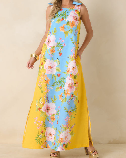 Blue & Yellow Floral Linen Blend Maxi Dress with Bow Straps
