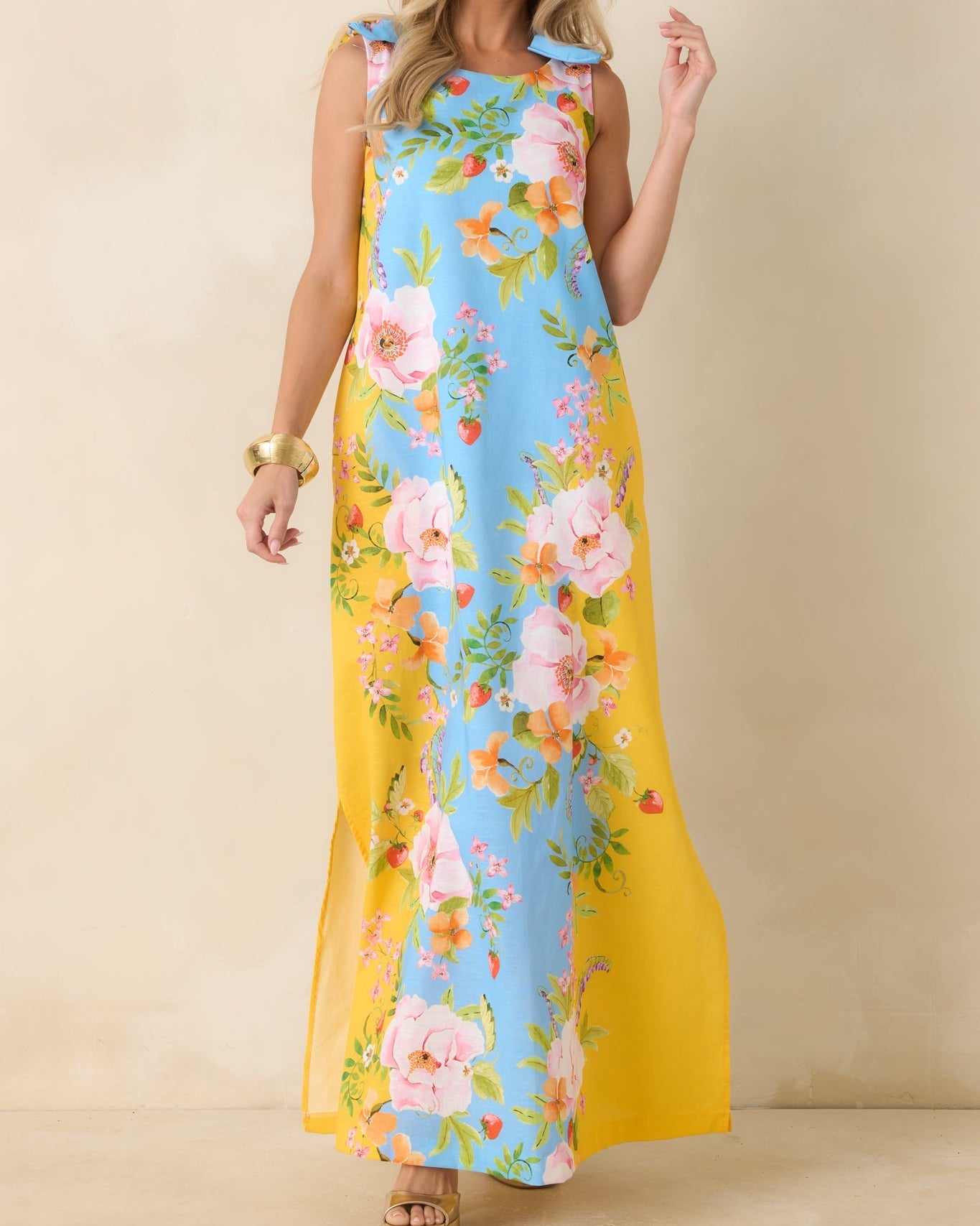 Blue & Yellow Floral Linen Blend Maxi Dress with Bow Straps - Size M