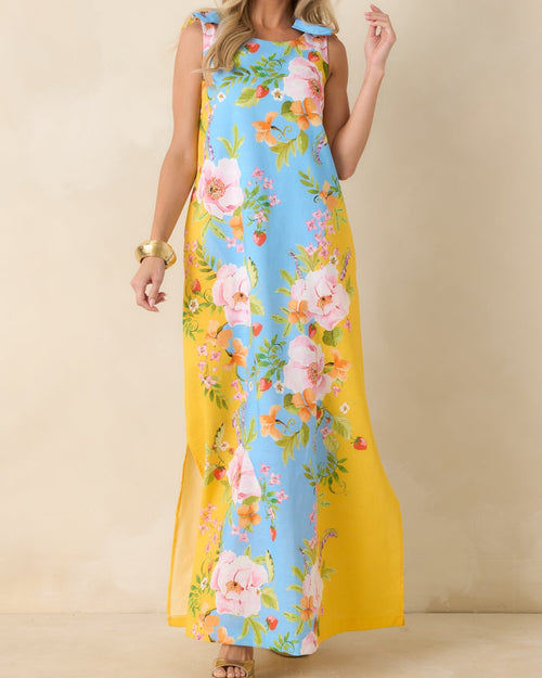 Blue & Yellow Floral Linen Blend Maxi Dress with Bow Straps - Size M