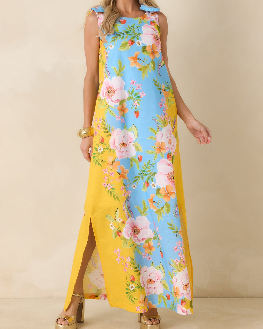 Blue & Yellow Floral Linen Blend Maxi Dress with Bow Straps - View 3