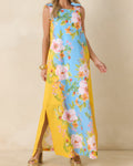 Blue & Yellow Floral Linen Blend Maxi Dress with Bow Straps - View 3