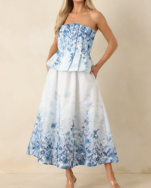 Blue Floral Cotton Strapless Midi Dress with Pleated Bodice