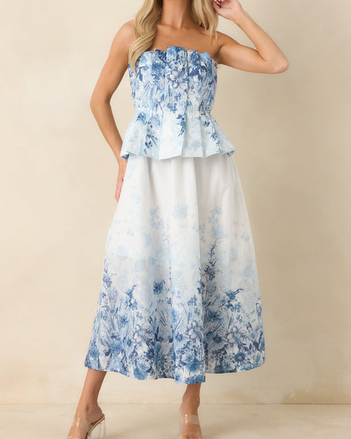 Blue Floral Cotton Strapless Midi Dress with Pleated Bodice - Size M