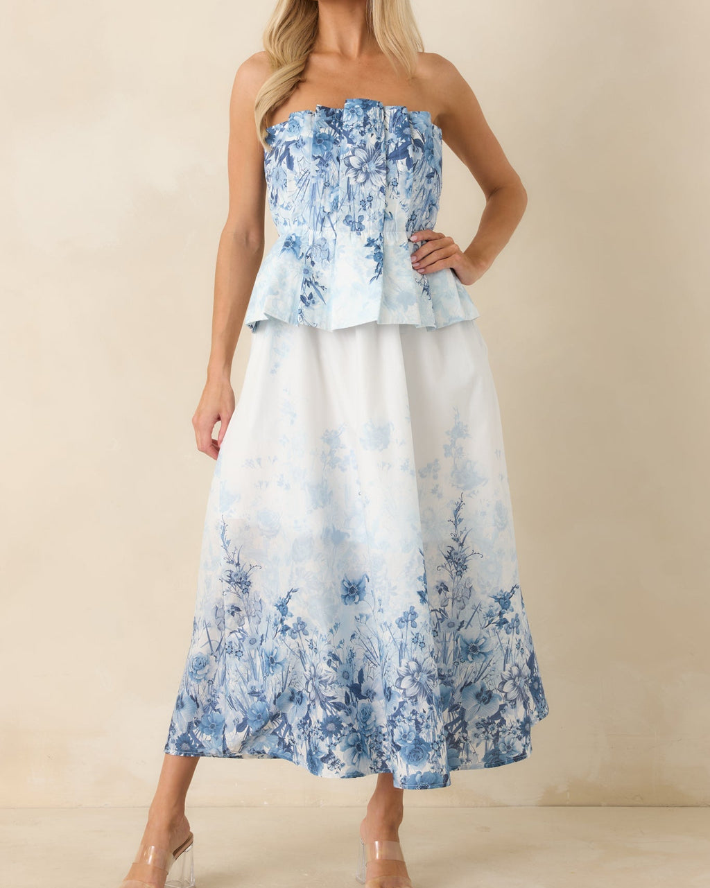 Blue Floral Cotton Strapless Midi Dress with Pleated Bodice - View 3
