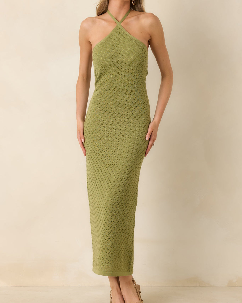 Olive Green Diamond Knit Halter Midi Dress - Textured Fit - View 3