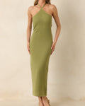 Olive Green Diamond Knit Halter Midi Dress - Textured Fit - View 3