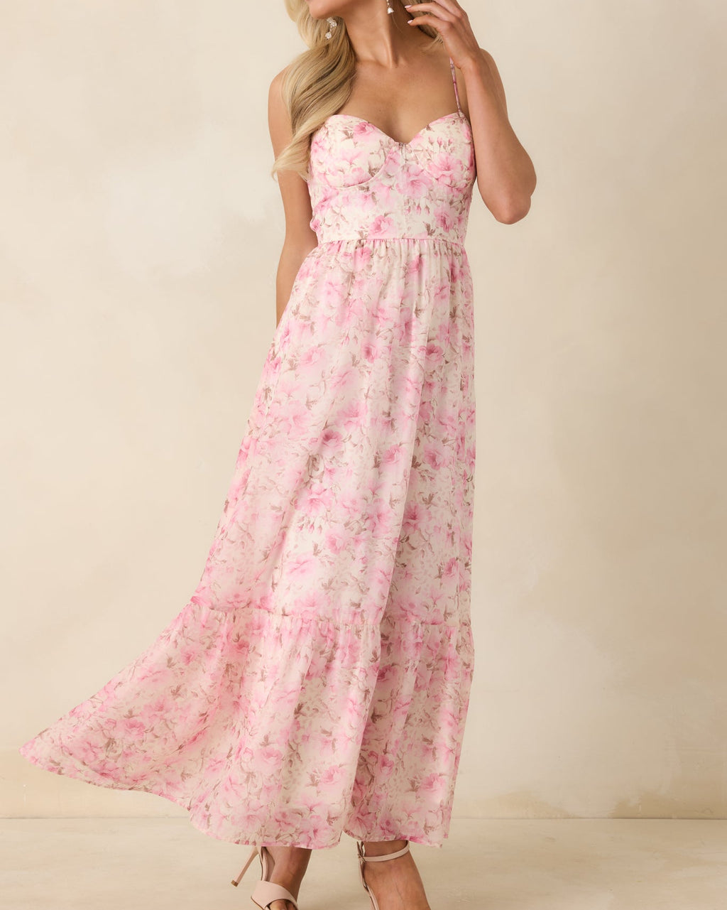 Pink Floral Bustier Maxi Dress with Spaghetti Straps - View 3