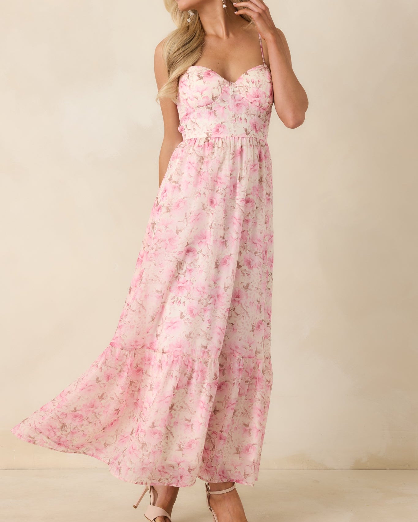 Pink Floral Bustier Maxi Dress with Spaghetti Straps - View 3