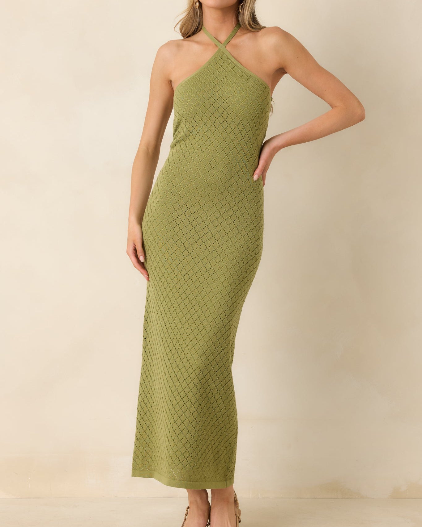 Olive Green Diamond Knit Halter Midi Dress - Textured Fit - Size M