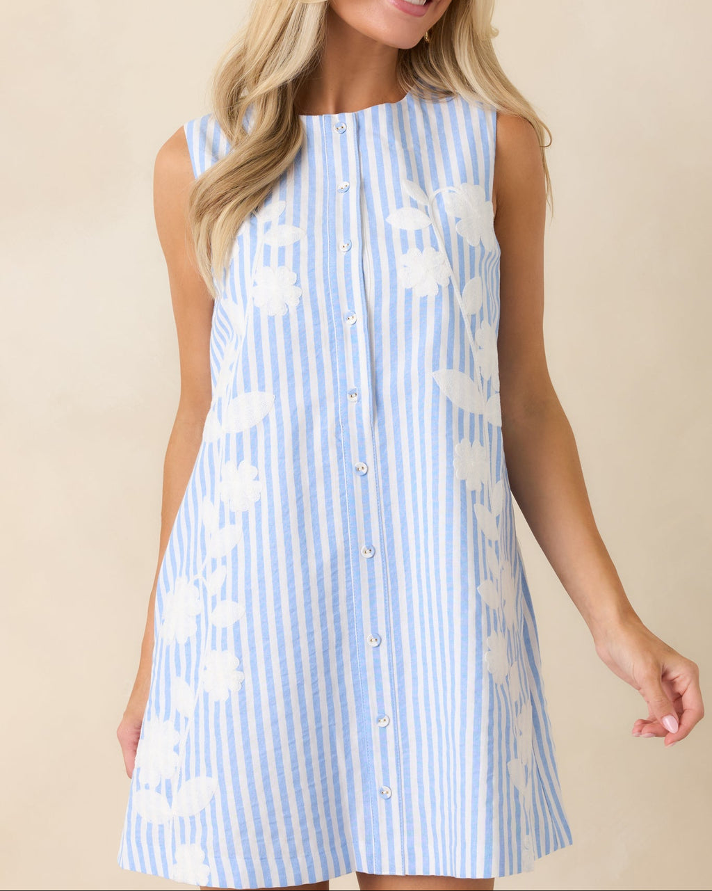 Light Blue & White Stripe Mini Dress with Button Front - Size M