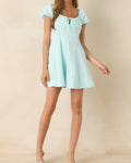Aqua Blue Cotton Peasant Mini Dress with Puff Sleeves - Size M