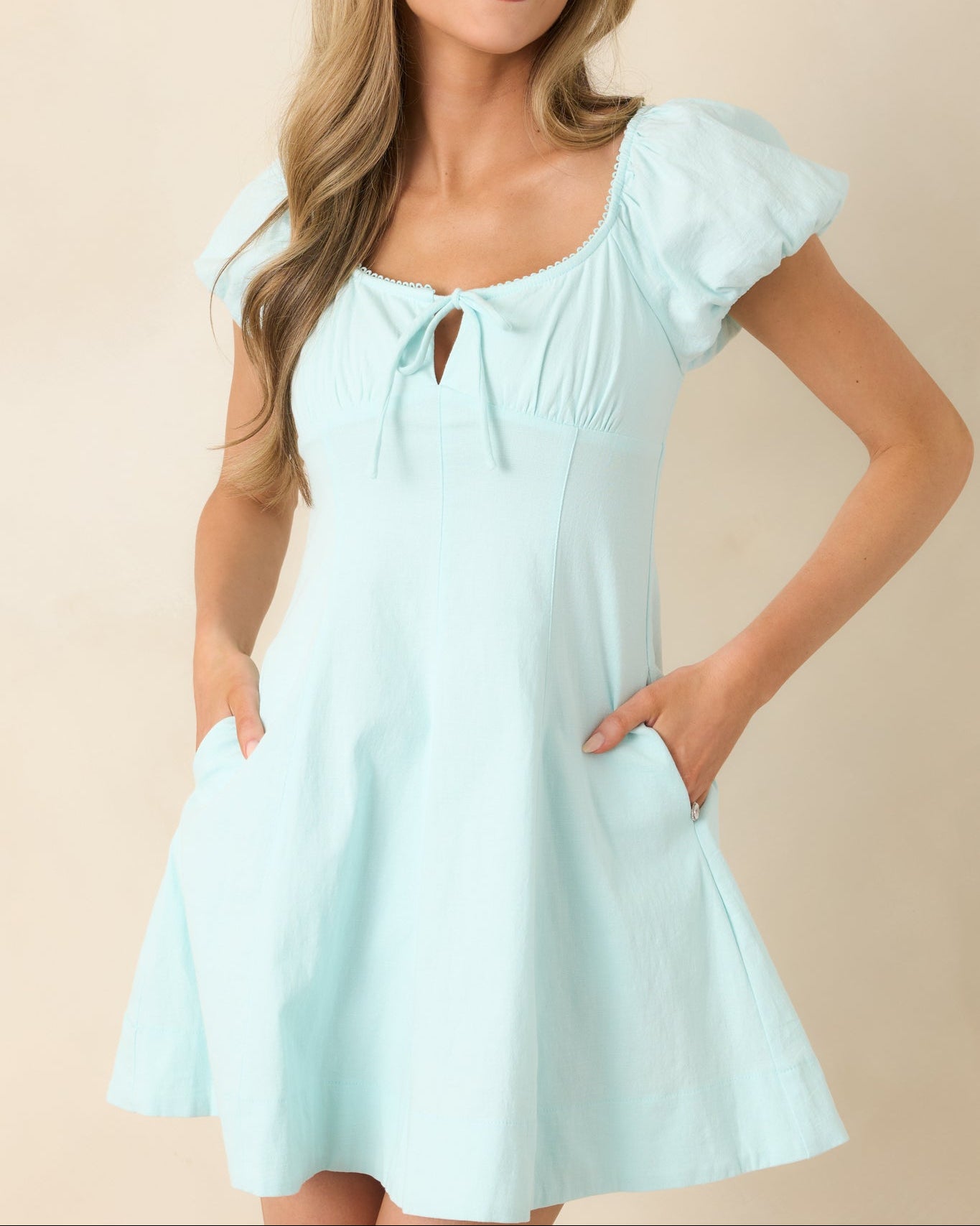 Aqua Blue Cotton Peasant Mini Dress with Puff Sleeves - View 3