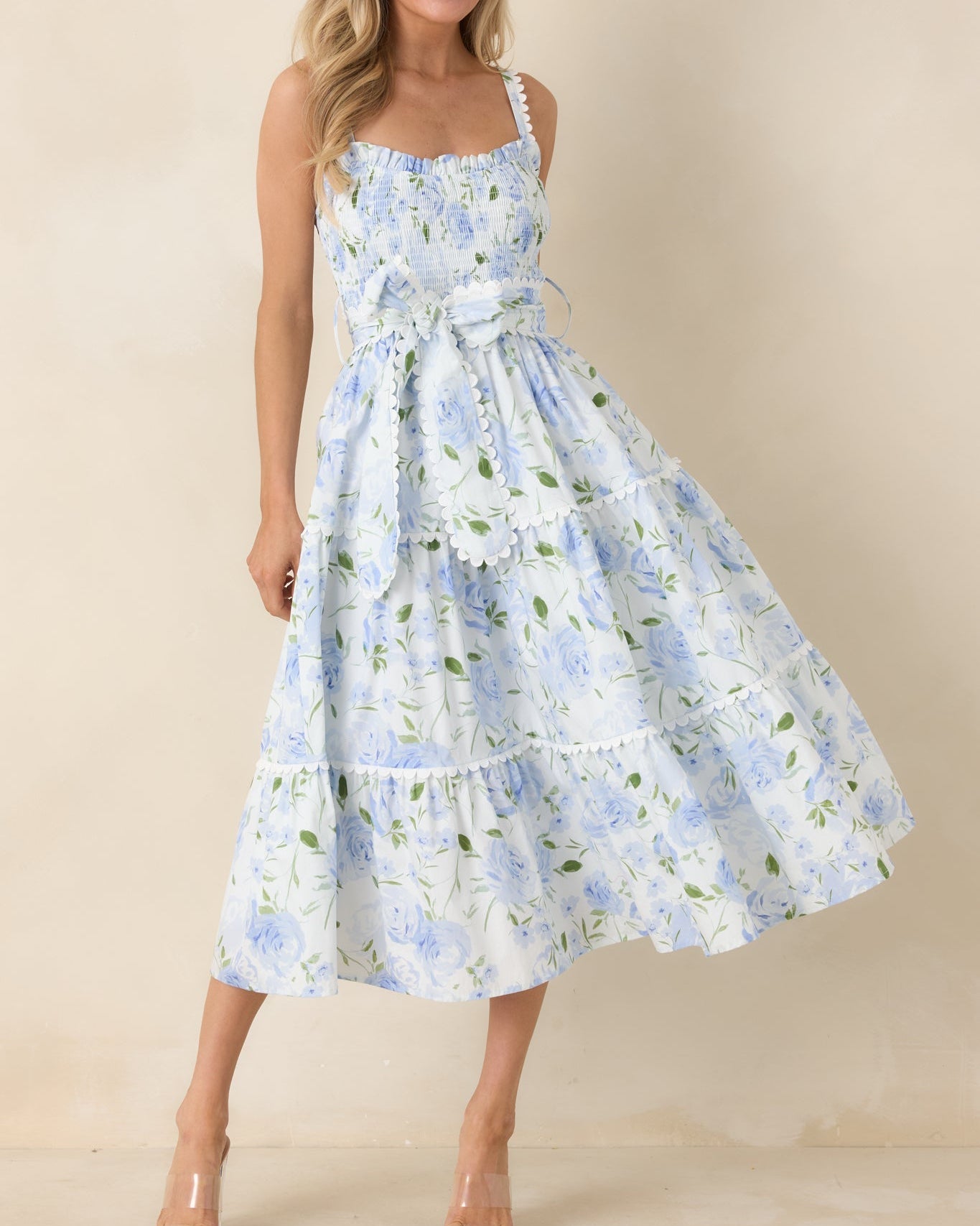Light Blue Floral Cotton Maxi Dress with Smocked Bodice