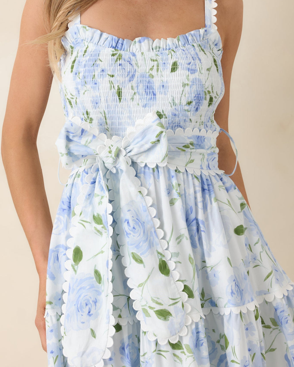 Light Blue Floral Cotton Maxi Dress with Smocked Bodice - Size M