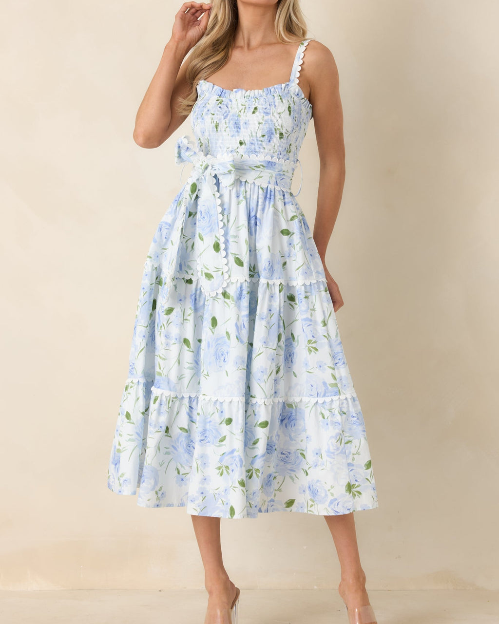 Light Blue Floral Cotton Maxi Dress with Smocked Bodice - View 3