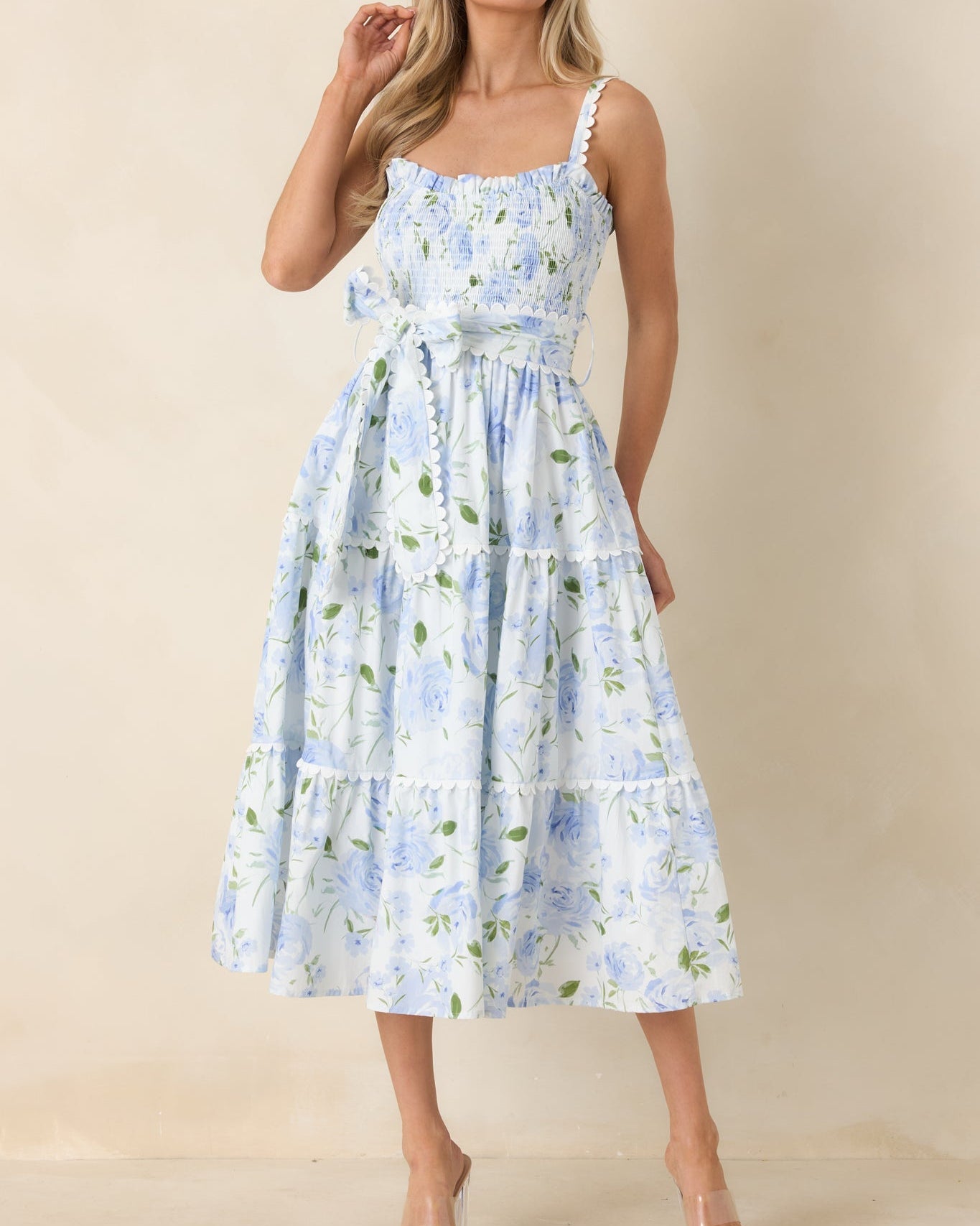 Light Blue Floral Cotton Maxi Dress with Smocked Bodice - View 3