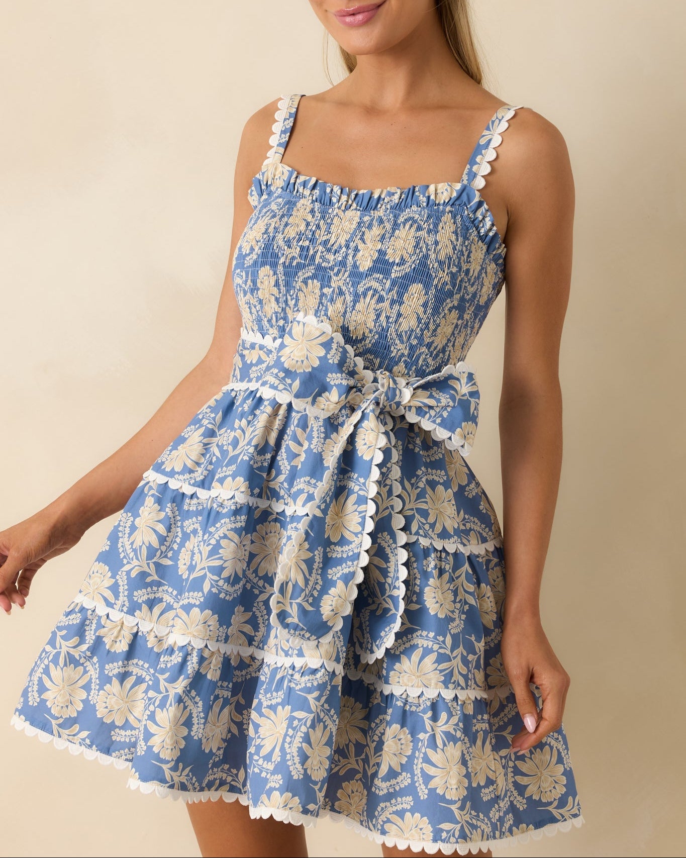 Dusty Blue Floral Cotton Mini Dress with Smocked Bodice - View 3
