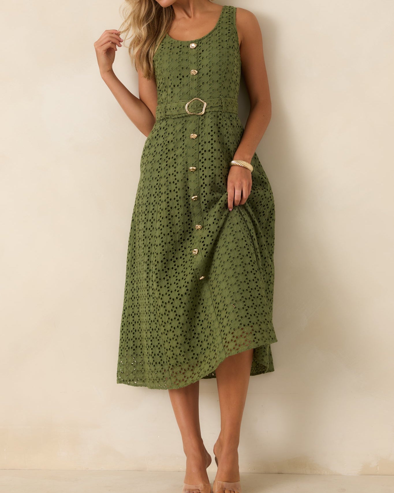 Olive Green Cotton Eyelet Sleeveless Midi Dress with Pockets