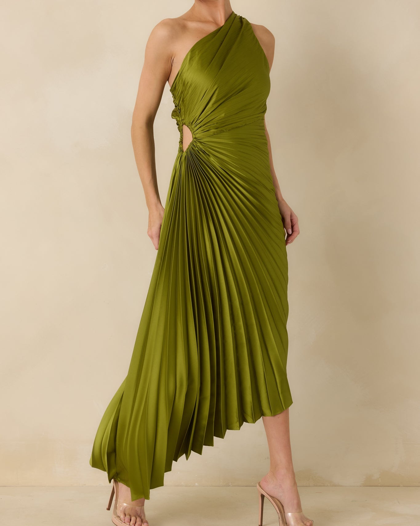 Olive Green One Shoulder Pleated Maxi Dress with Side Cutout