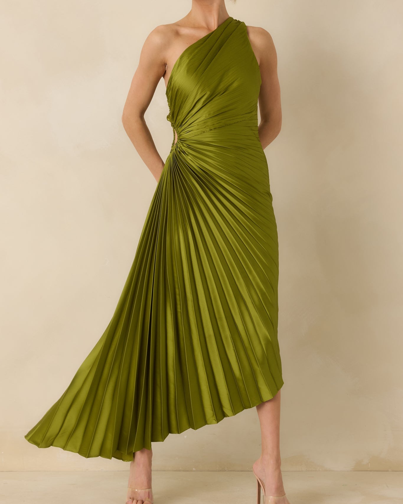 Olive Green One Shoulder Pleated Maxi Dress with Side Cutout - Size M