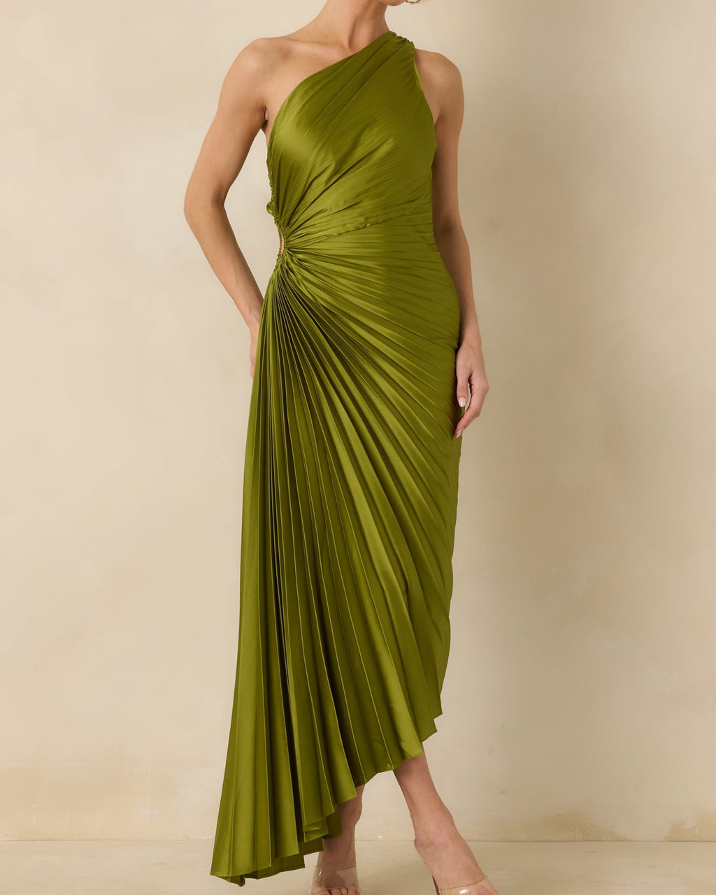 Olive Green One Shoulder Pleated Maxi Dress with Side Cutout - View 3