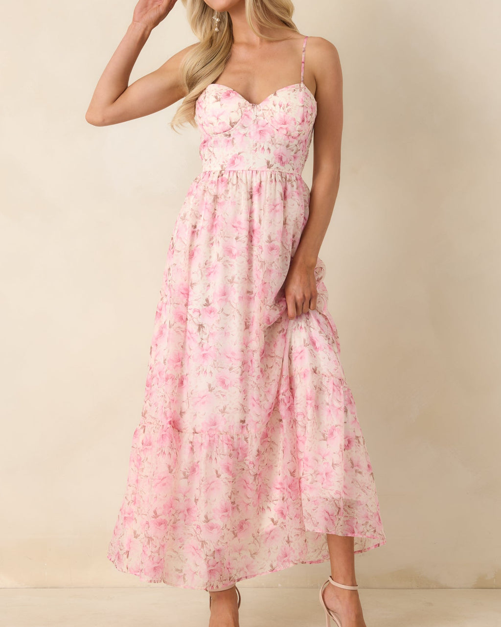 Pink Floral Bustier Maxi Dress with Spaghetti Straps