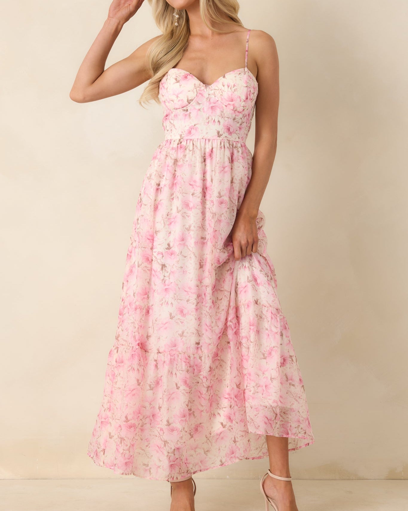 Pink Floral Bustier Maxi Dress with Spaghetti Straps