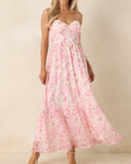 Pink Floral Bustier Maxi Dress with Spaghetti Straps - Size M