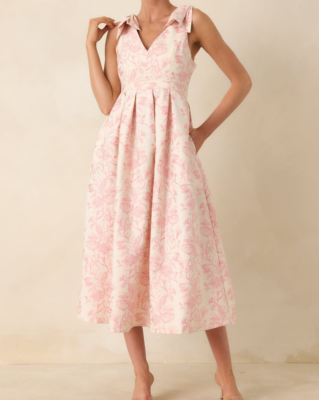 Pink Floral Bow Strap Midi Dress with Pleated Skirt