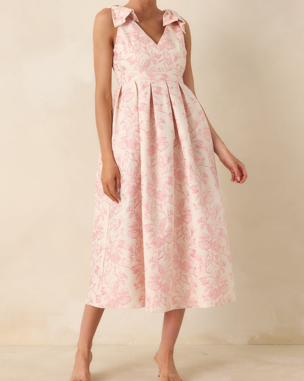Pink Floral Bow Strap Midi Dress with Pleated Skirt - Size M