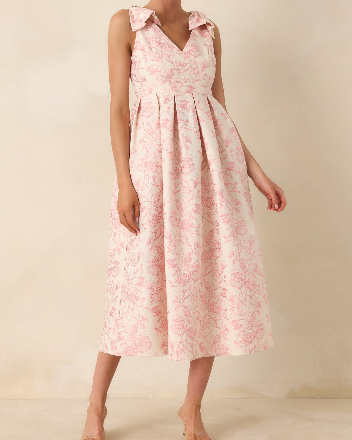 Pink Floral Bow Strap Midi Dress with Pleated Skirt - Size M