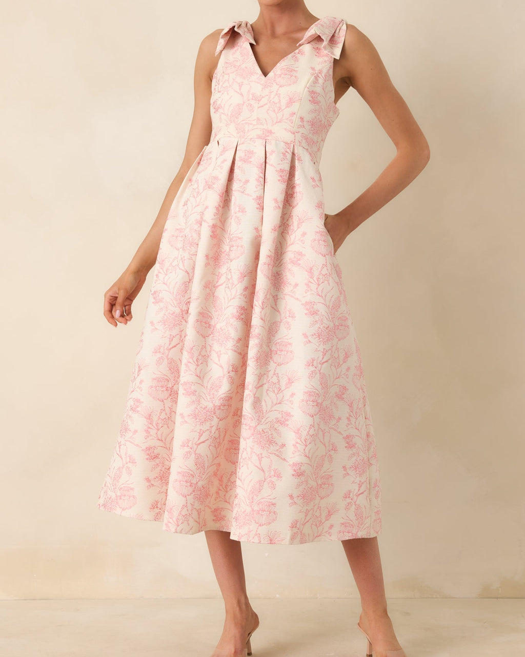 Pink Floral Bow Strap Midi Dress with Pleated Skirt - View 3