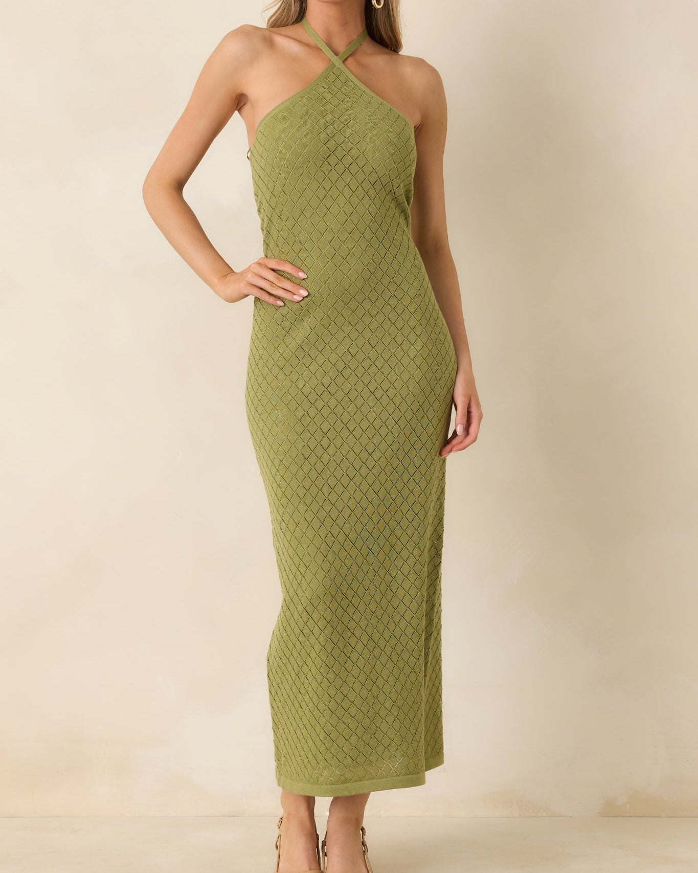 Olive Green Diamond Knit Halter Midi Dress - Textured Fit