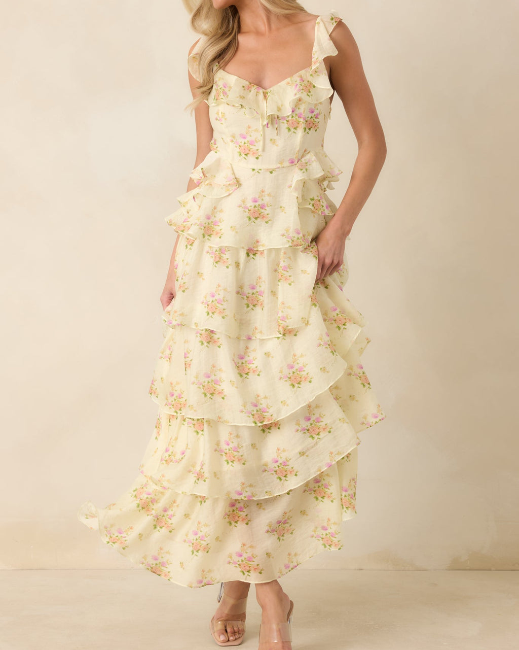 Yellow Floral Ruffle Tiered Maxi Dress with Bow Neckline