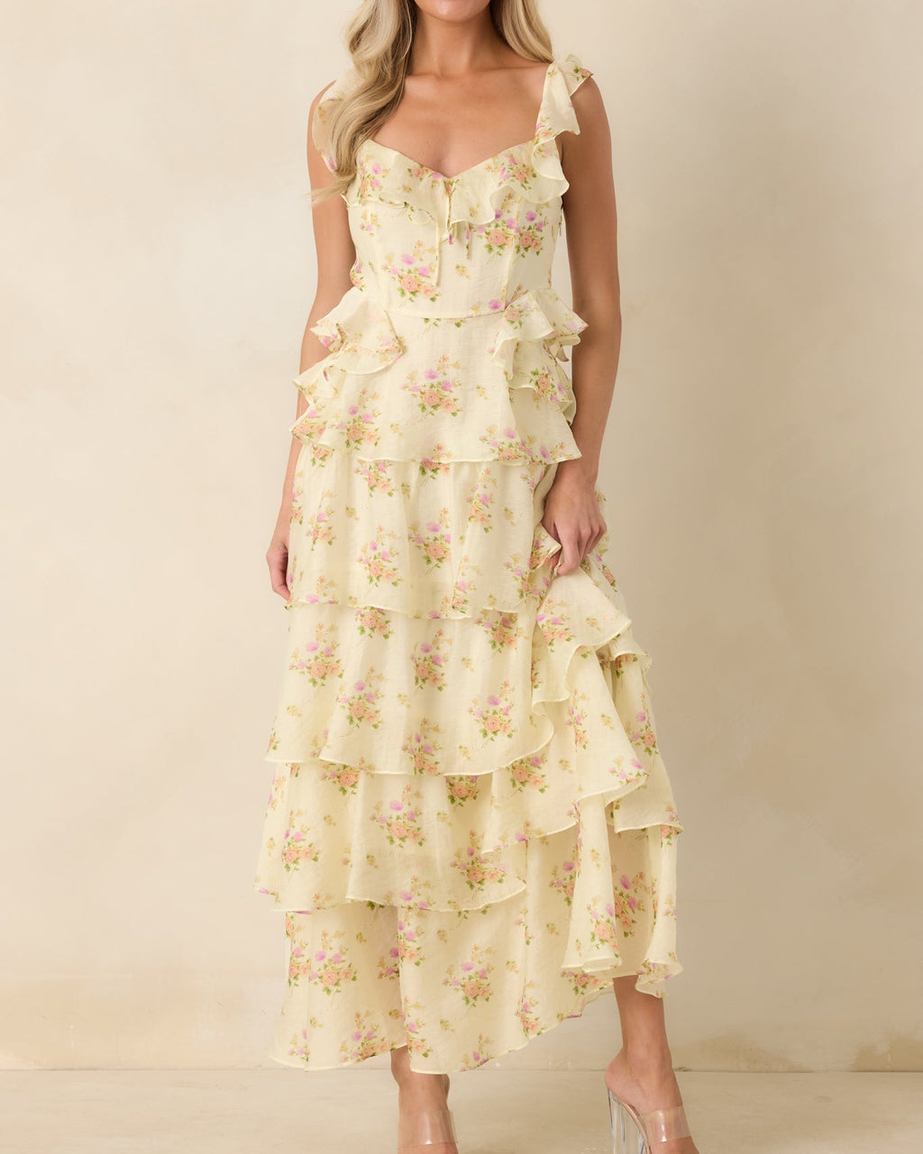 Yellow Floral Ruffle Tiered Maxi Dress with Bow Neckline - Size M