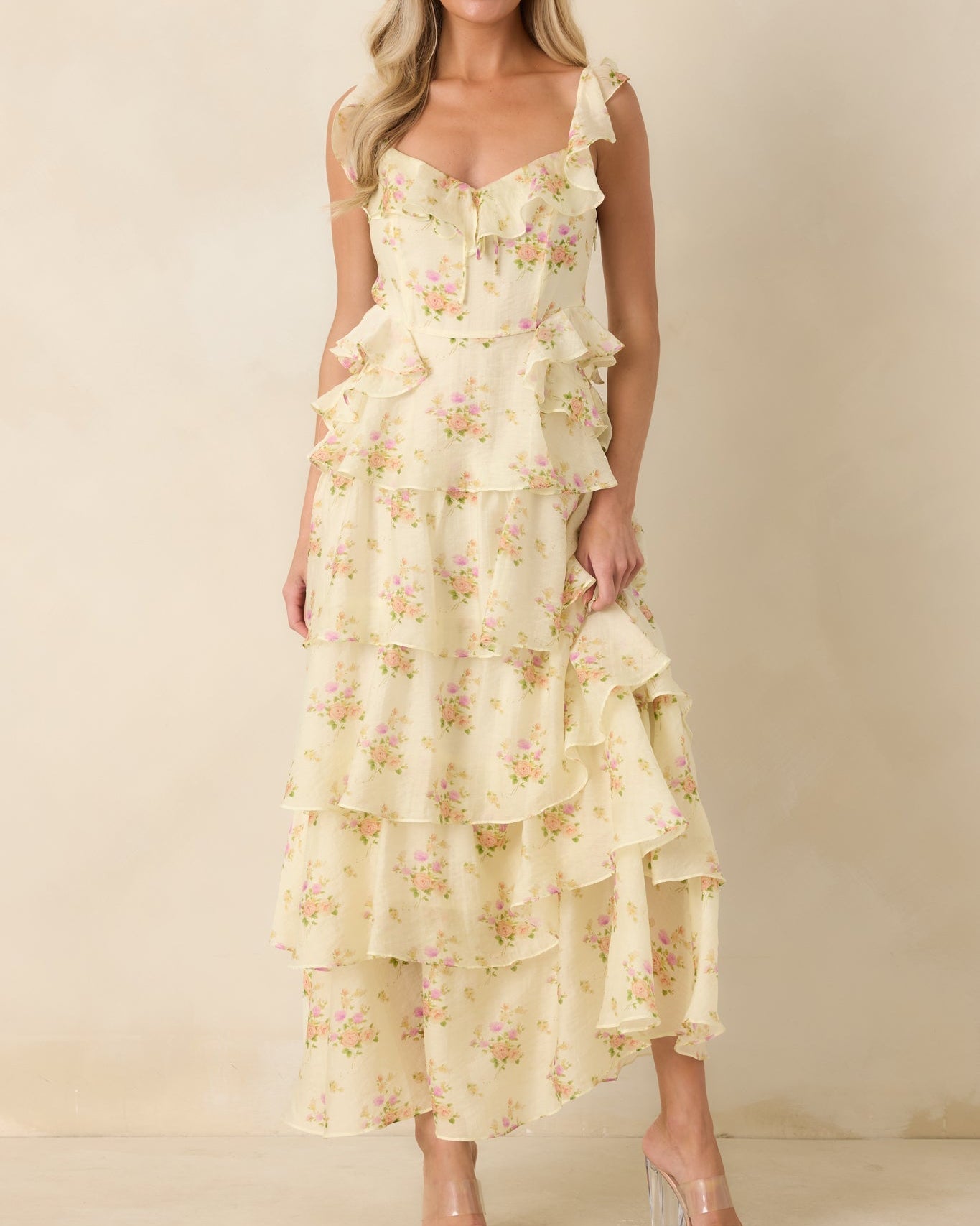 Yellow Floral Ruffle Tiered Maxi Dress with Bow Neckline - Size M