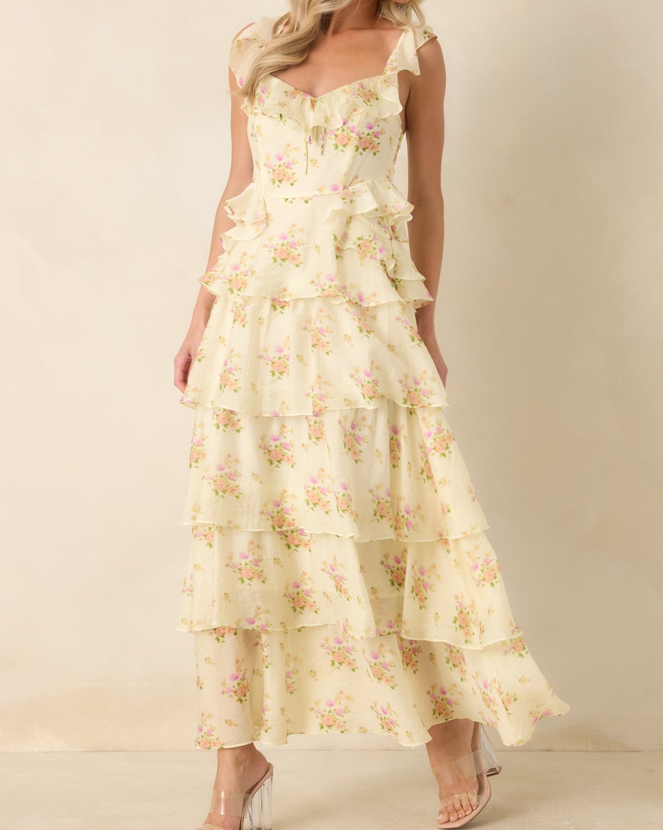Yellow Floral Ruffle Tiered Maxi Dress with Bow Neckline - View 3